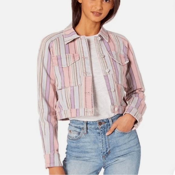 Ella Moss striped cropped pink denim jacket with‎ stretch - Picture 1 of 9
